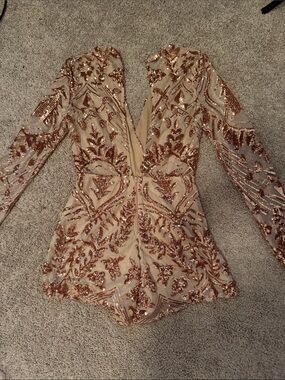 Sequin Embellished V-Neck Long Sleeve Romper in Rose Gold